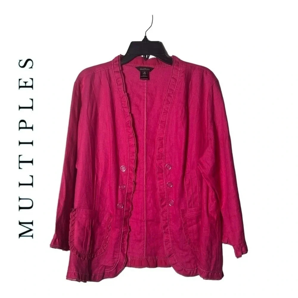 1846. MULTIPLES 100% LINEN 3/4 SLEEVE JACKET SIZE 1X RUFFLES HOT PINK IN COLOR